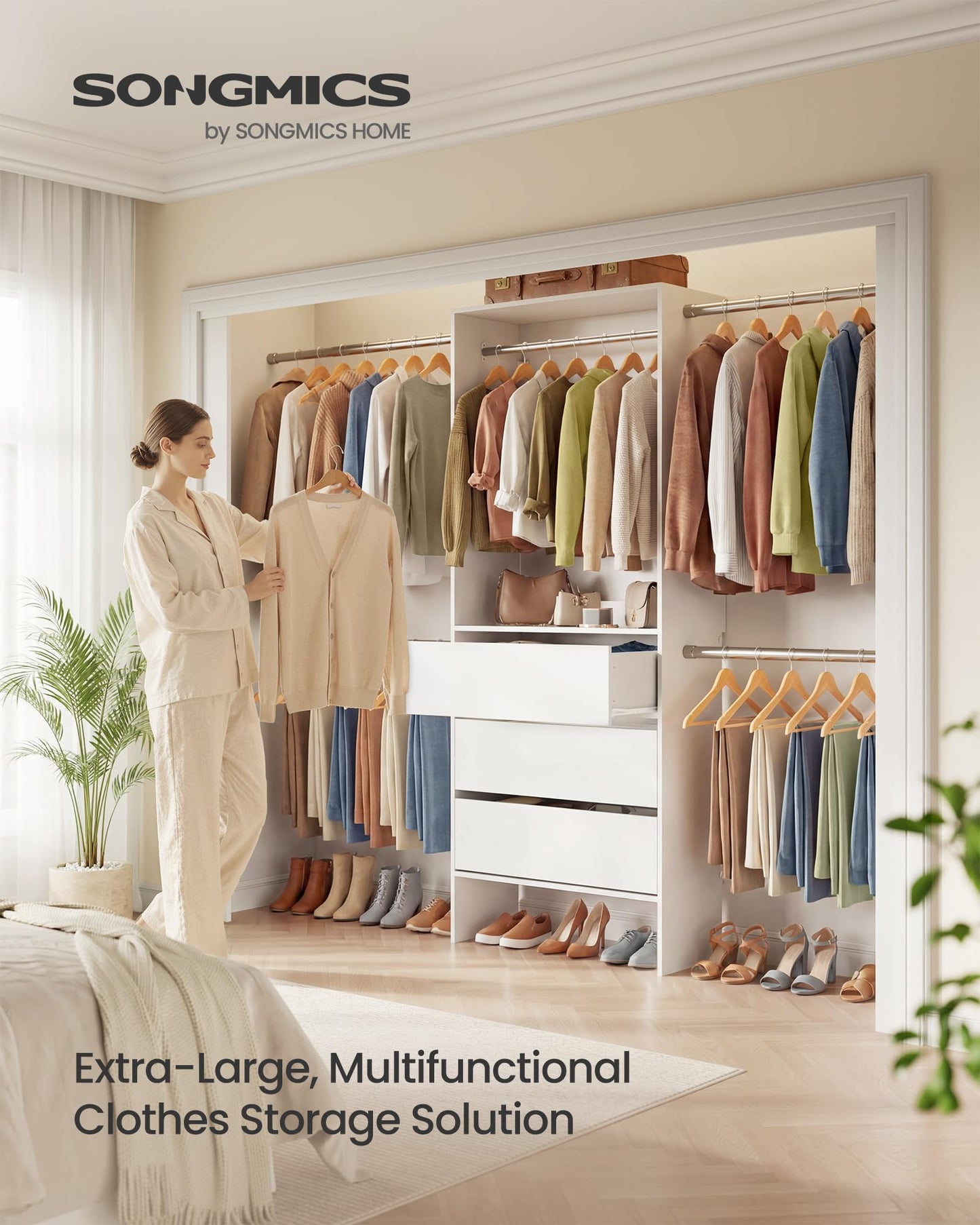 SONGMICS closet system, customizable walk-in closet organizer system with adjustable hanging rods