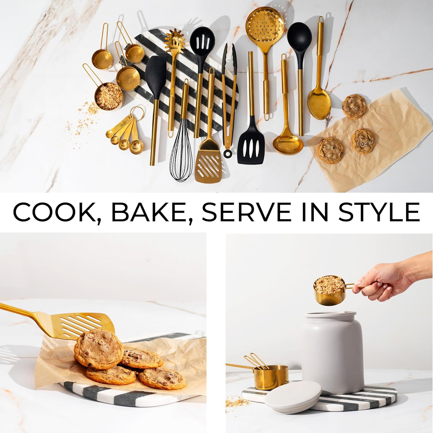 Black and Gold Kitchen Utensils Set - 19-PC Set Includes Stainless Steel and Silicone Cooking