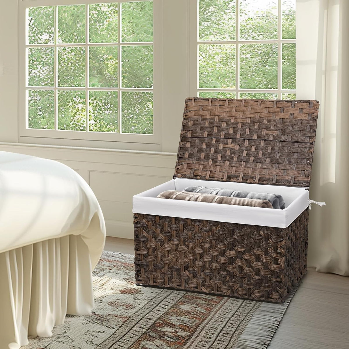 Wicker Storage Basket with Lid, 27.7 Gallon (105L) Large Blanket Basket with Lid, Woven Storage Bin