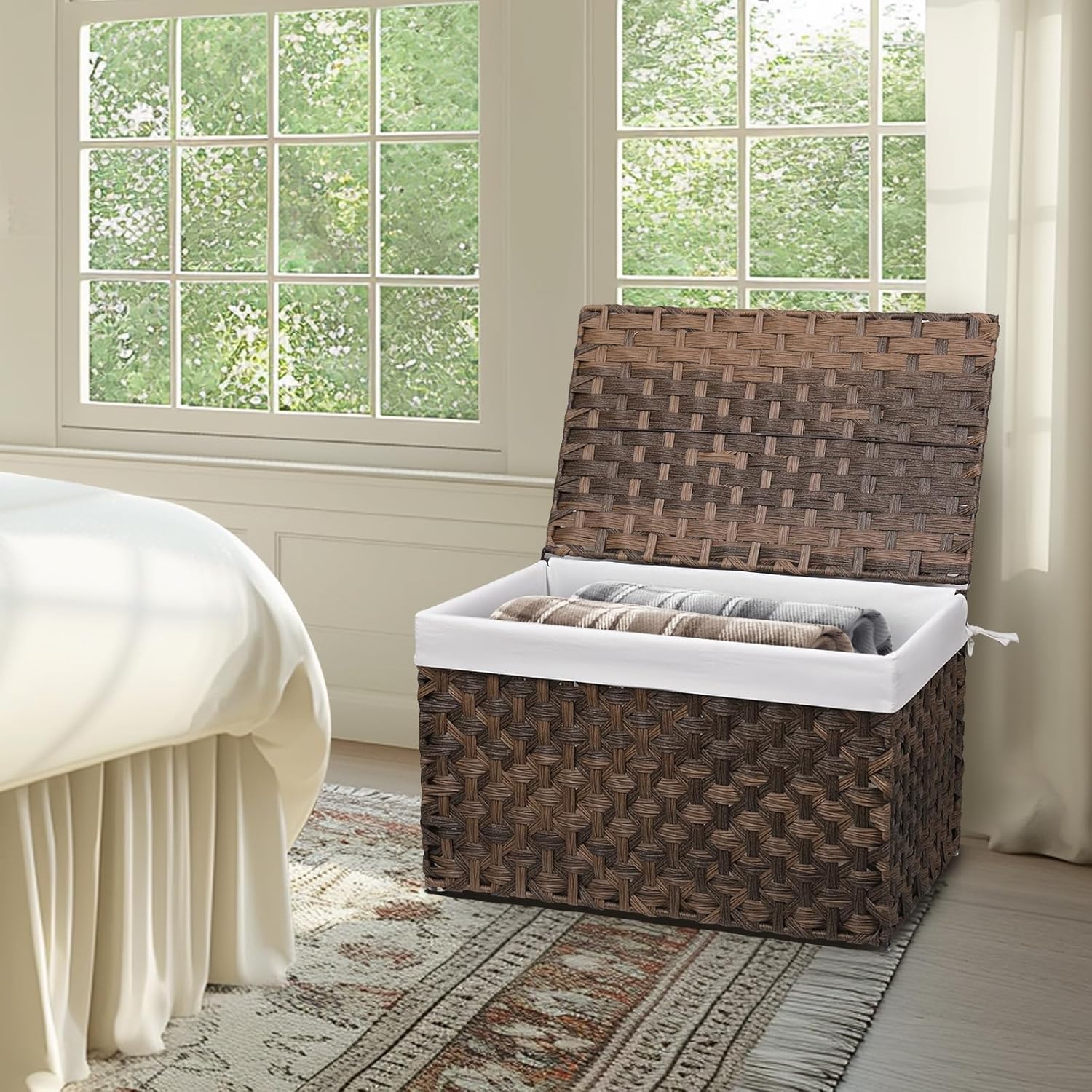 Wicker Storage Basket with Lid, 27.7 Gallon (105L) Large Blanket Basket with Lid, Woven Storage Bin