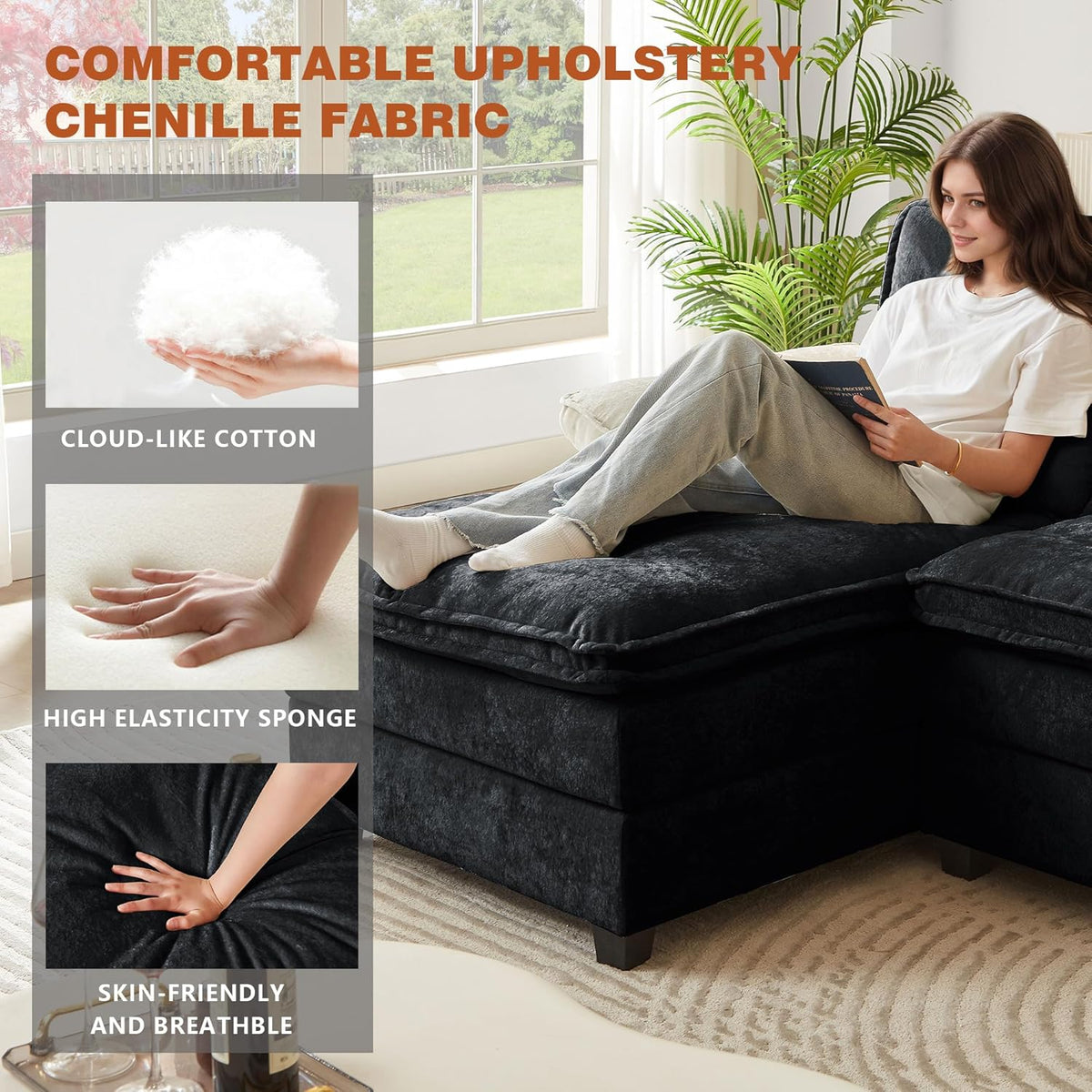 113" Oversized Cloud Couch, U Shape Sectional 4 Seat Sofa with Double Chaises, 2 Layer Cusions