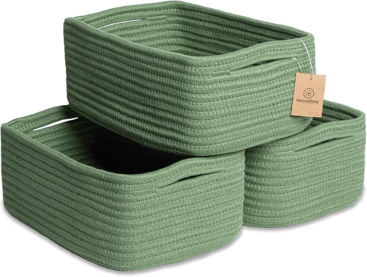 NaturalCozy 11.8"x8"x4.5” Rectangle Storage Baskets for Shelves 3 Pack | Cotton Rope Woven Small