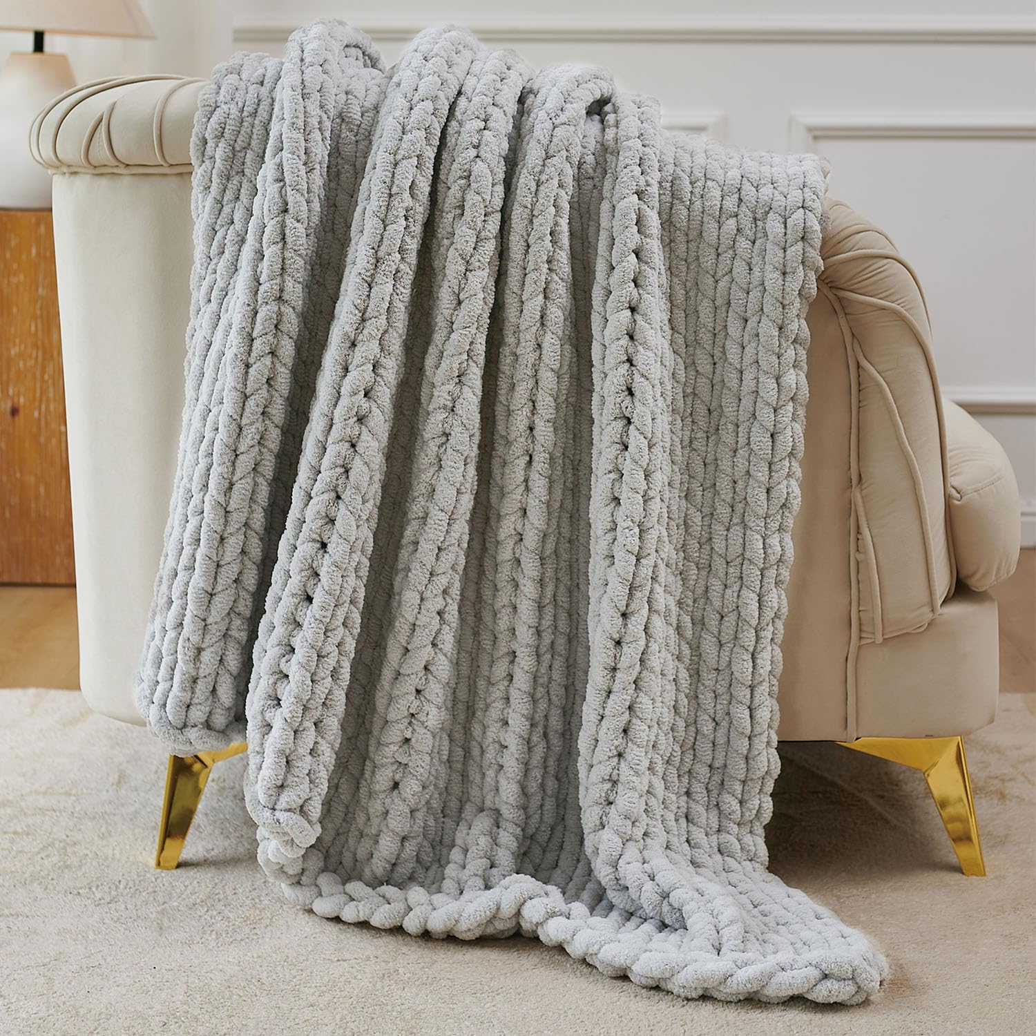 Esterra Chunky Knit Throw Blanket Newly Upgraded Heavy Tighter Version, Handmade Chenille Throw
