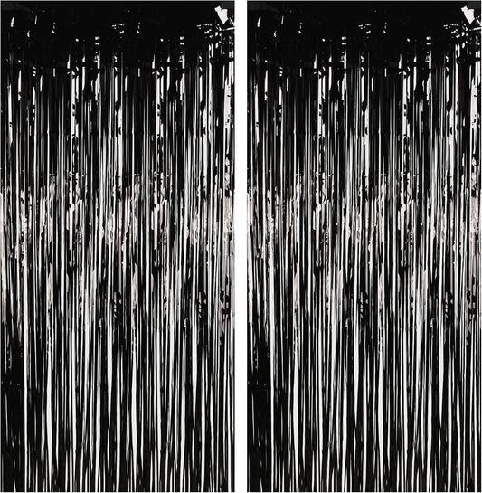 Foil Fringe Curtain Halloweens Party Decorations - Pure Black Tinsel Photo Backdrop Party Steamers