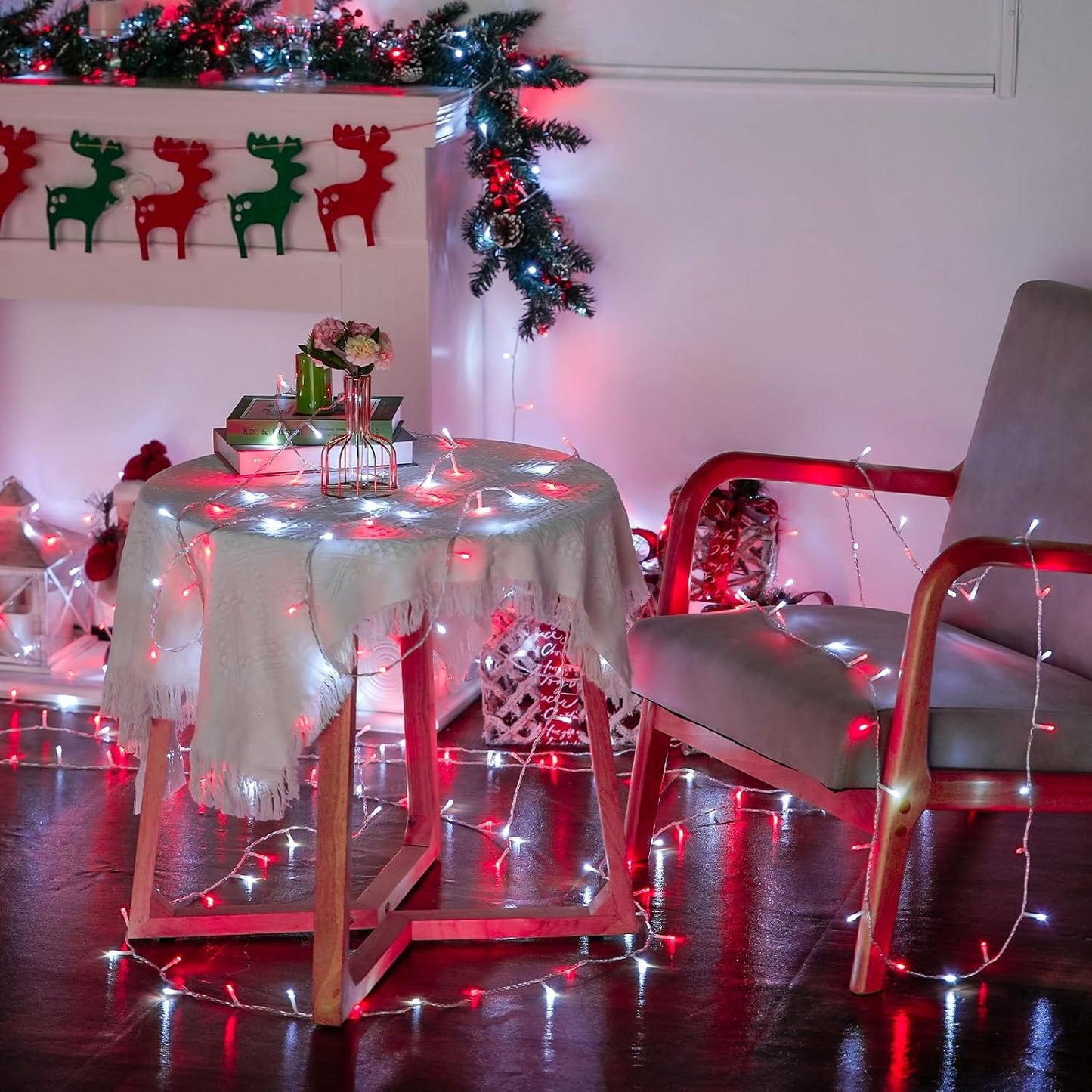 JMEXSUSS Connectable Red and White Christmas Lights, 8 Modes 100 LED Twinkle String Lights Indoor