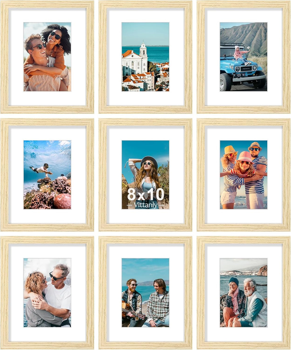 Vittanly 8x10 Picture Frames Set of 9, Shatter Resistant Plexiglass, Display 5x7 Pictures with Mat