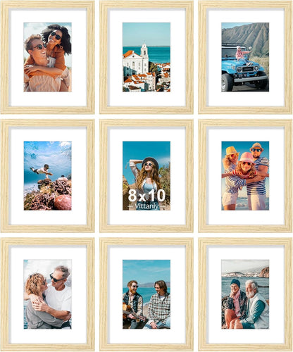 Vittanly 8x10 Picture Frames Set of 9, Shatter Resistant Plexiglass, Display 5x7 Pictures with Mat