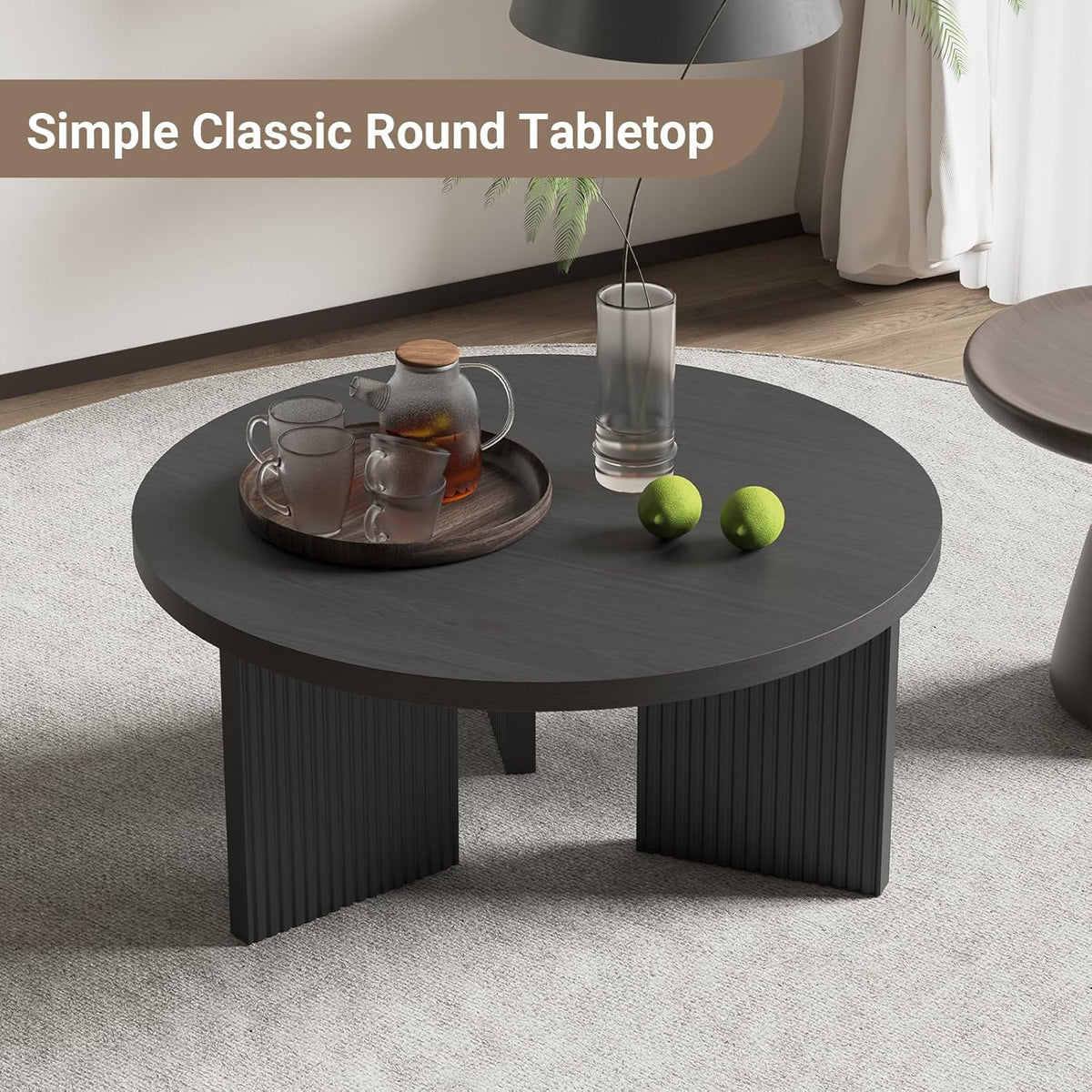Wooden Round Coffee Table, 35" Coffee Table with Smooth Thick Mesa, Low Circle Center Table with X
