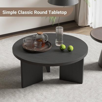 Wooden Round Coffee Table, 35" Coffee Table with Smooth Thick Mesa, Low Circle Center Table with X