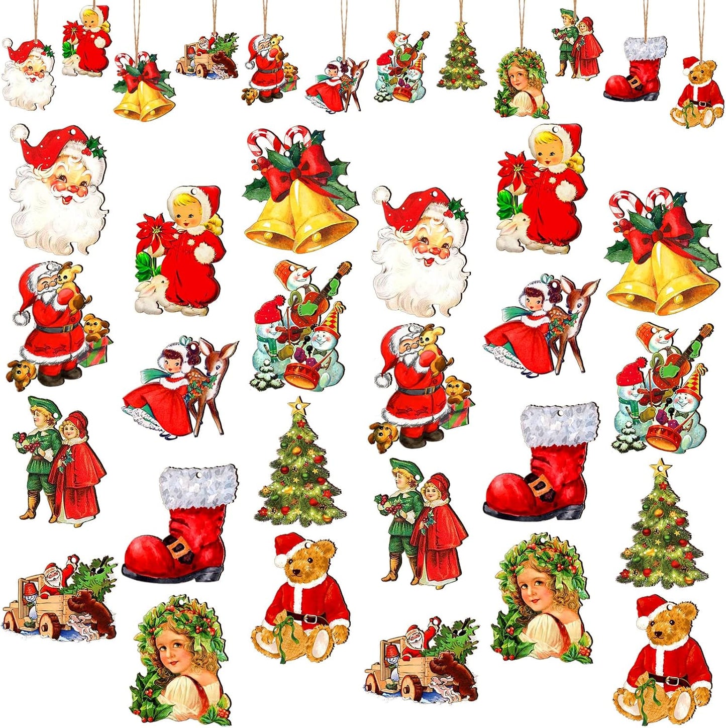 48 Pcs Victorian Style Wood Christmas Tree Ornaments - Hanging Vintage Decorations With Santa Claus