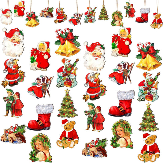 48 Pcs Victorian Style Wood Christmas Tree Ornaments - Hanging Vintage Decorations With Santa Claus