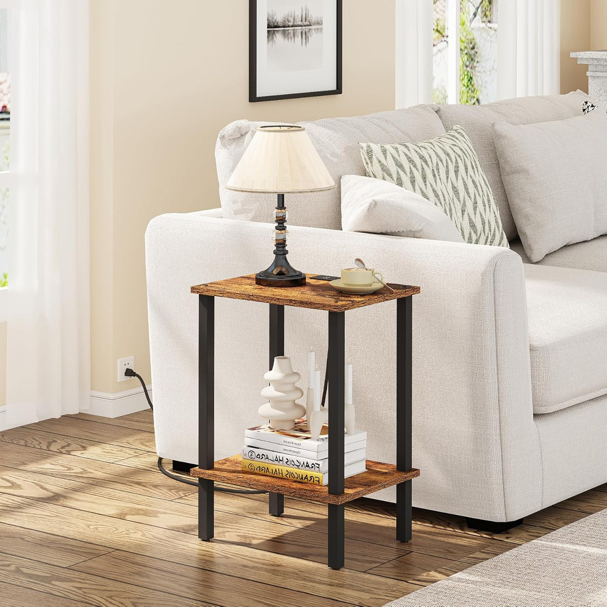 TUTOTAK End Table with Charging Station, Side Table with USB Ports and Outlets, Nightstand, 2-Tier