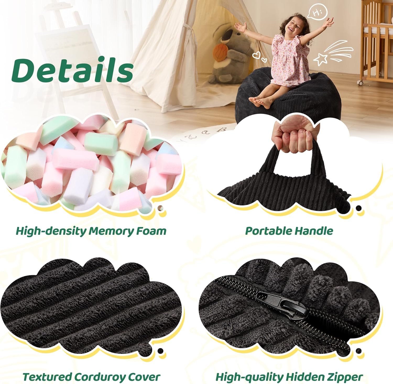 Bean Bag Chairs Teardrop Bean Bag Chair Beanbag Chair with Memory Foam Filled Machine Washable