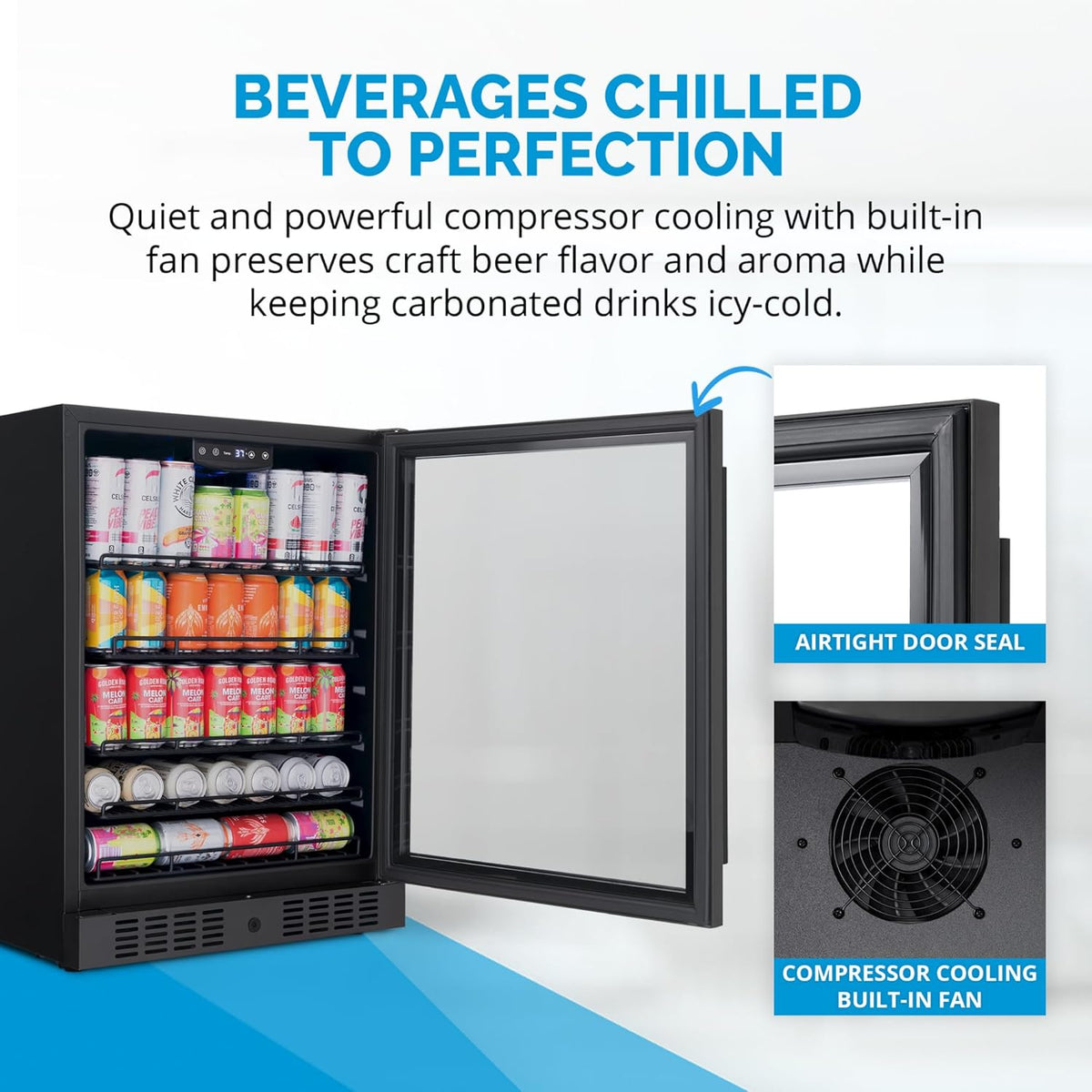 Newair 24" Beverage Refrigerator 177 Can Capacity, Black Stainless Steel Mini Fridge with Built-in