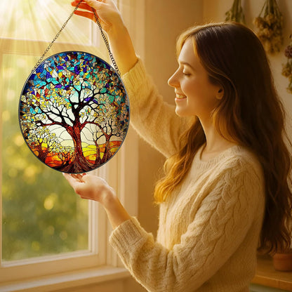 Stained Glass Window Hanging, LAOWEIKI 8'' Tree of Life Suncatcher, Stained Glass Ornament