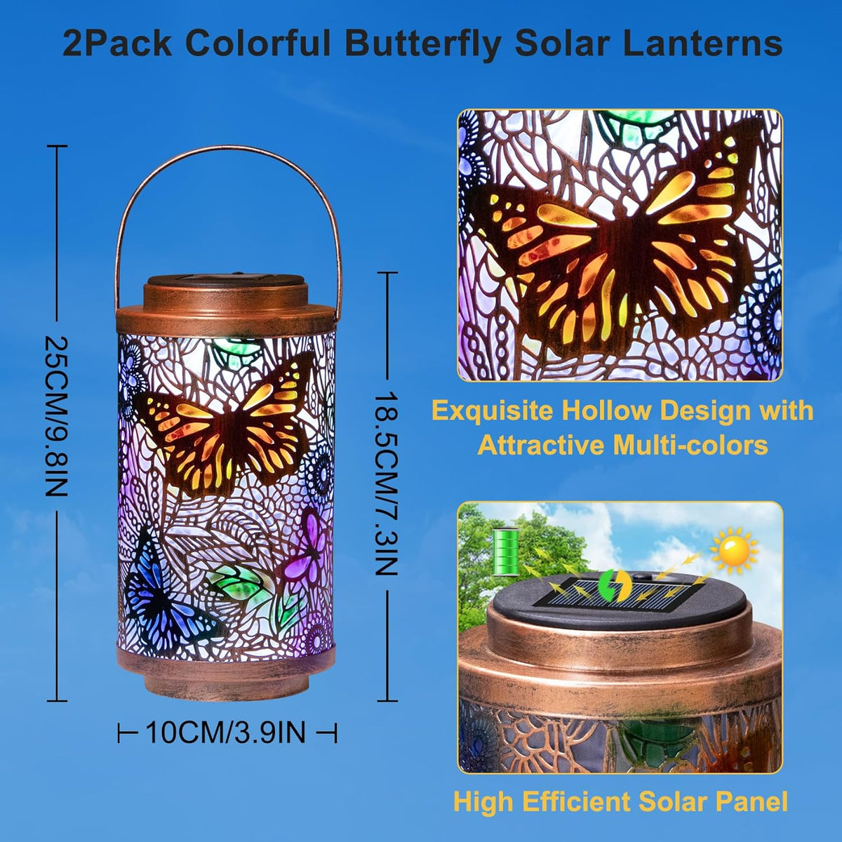 2Pack Solar Lanterns Outdoor Waterproof Colorful Butterfly Garden Gifts for Women, Multicolor Solar