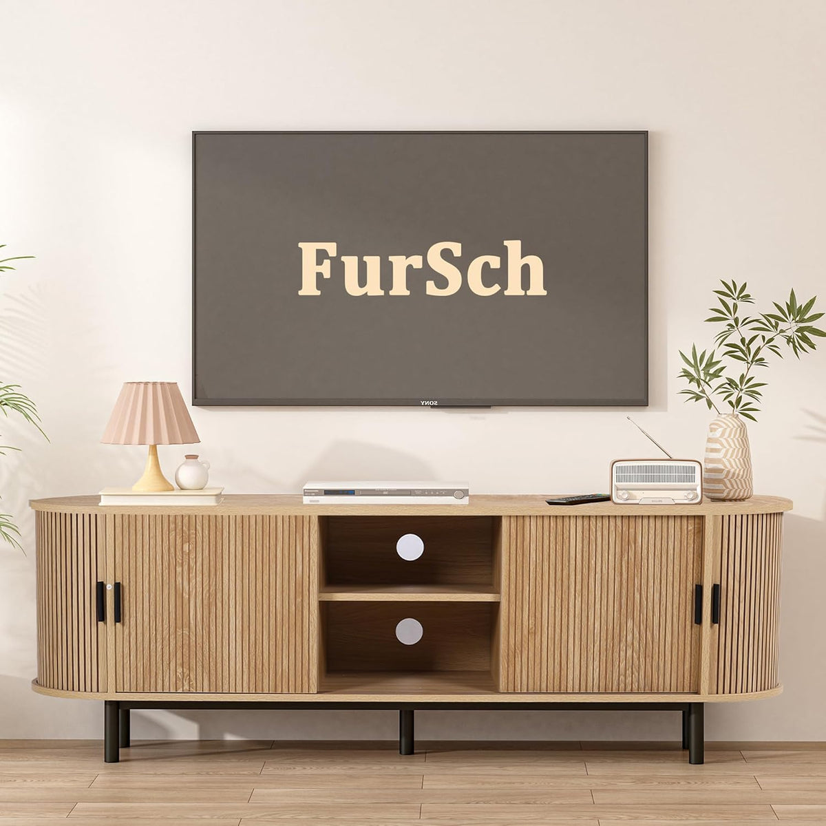 62" Tambour Door TV Stand,Wood Mid Century Modern TV Cabinet for Up to 75“ TV,Curved Edge Long TV