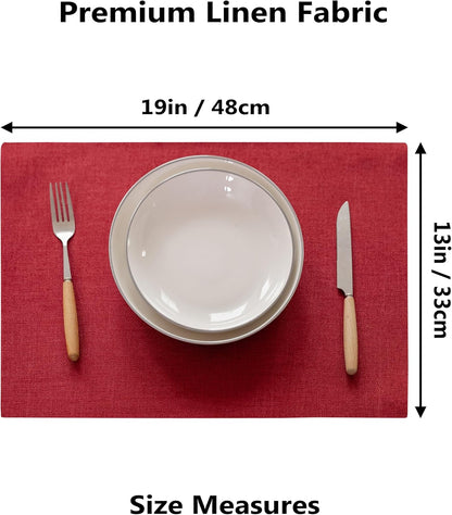 Demetex Christmas Placemats Set of 4 Heat Resistant Red Linen Place Mats Wipeable Cloth Placemats