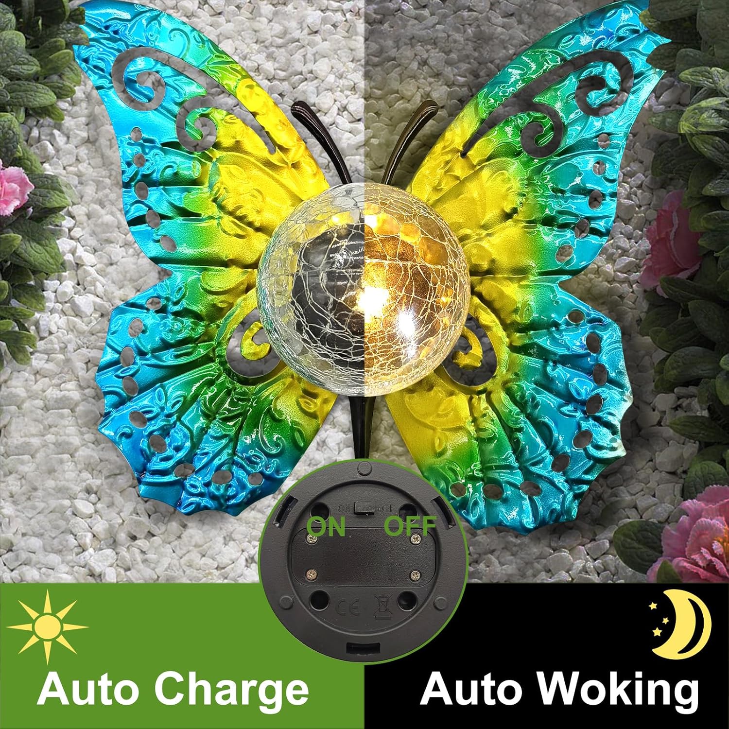 Solar Lights Outdoor Garden Butterfly Decor, Metal Butterfly Statue Decoration with LED Crackle