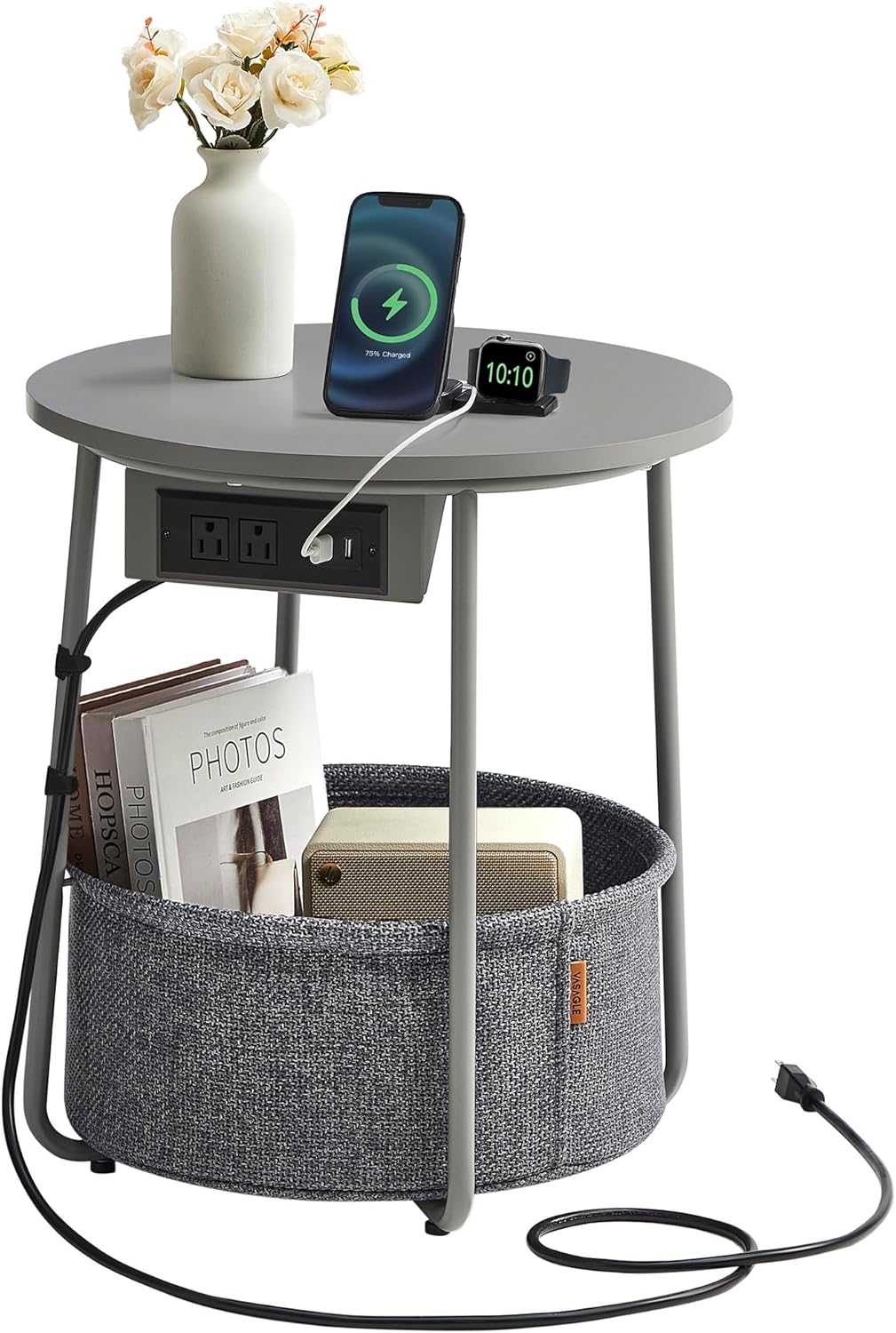 VASAGLE Side Table with Charging Station, Round End Table with Fabric Basket, Nightstand with Power