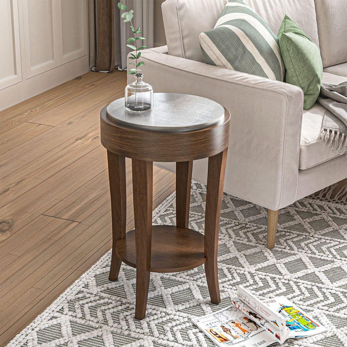 COSIEST Round End Table, 2-Tier Classic Brown Side Table, Farmhouse Wood Accent Table with Storage