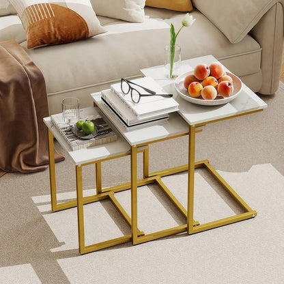 Giantex Nesting Coffee Table Set of 3, Stackable Square End Table w/Faux Marble Tabletop &