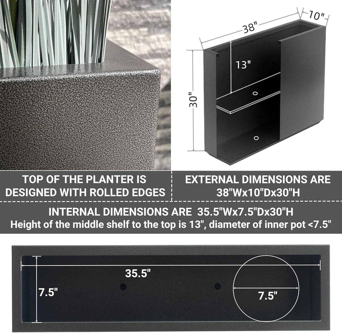 Metallic Heavy Planter for Outdoor Plants, 38Lx10Wx30H Inches Tall and Long Metal Divider Planter