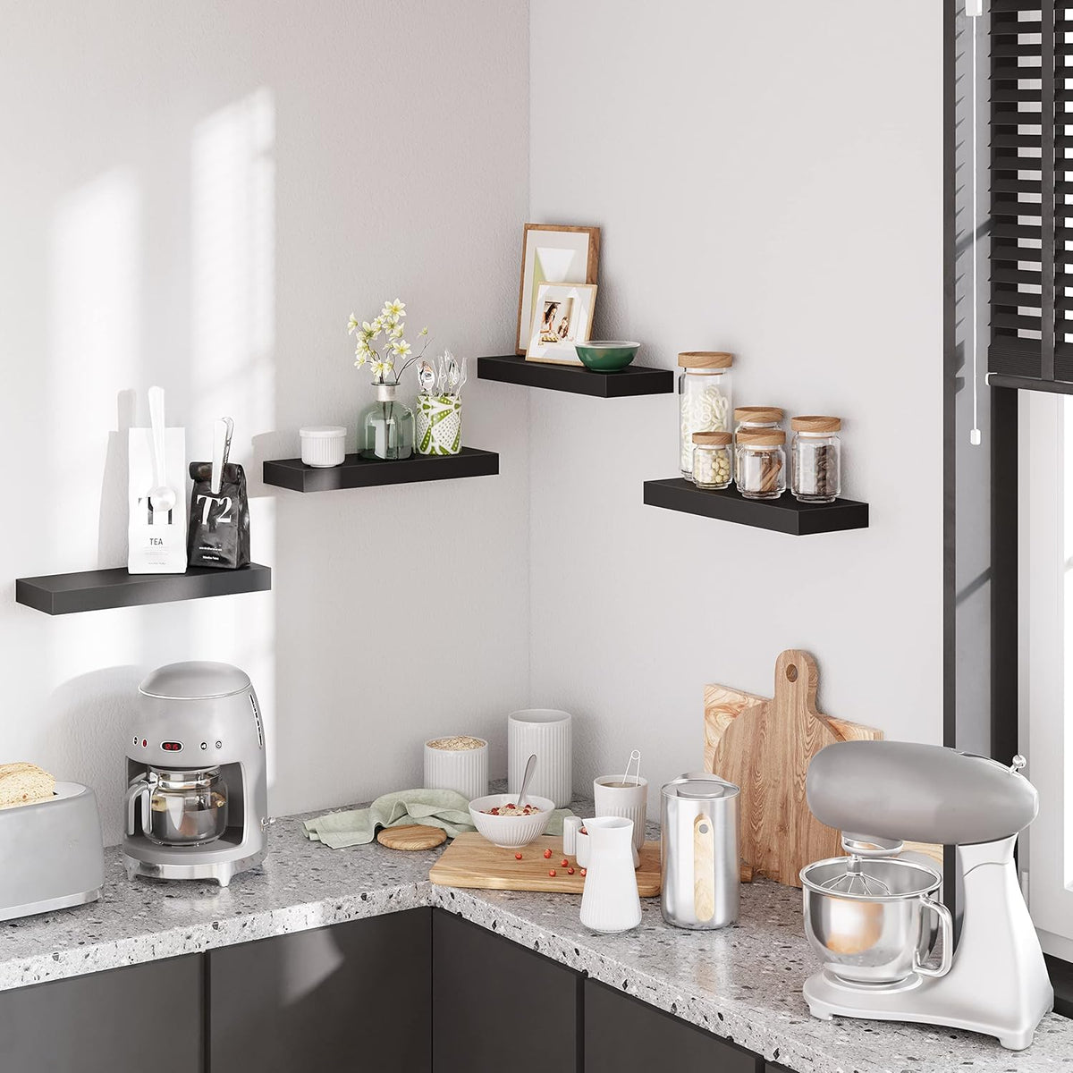 BAMEOS Floating Shelves, Black Wall Mounted Wooden Shelves with Invisible Brackets Set of 2
