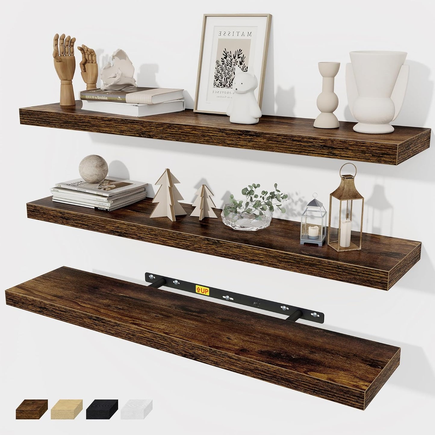 Fun Memories 32 Inch Floating Shelves Wall Shelf Set of 3, Rustic Farmhouse Home Decor Kitchen