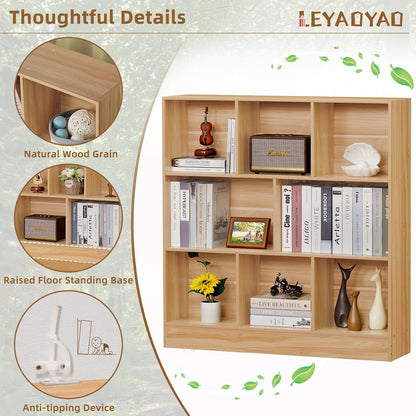 LEYAOYAO 8 Cube Bookshelf with Wood Base,Natural 3 Tier Mid-Century Modern Bookcase,Standing Wide