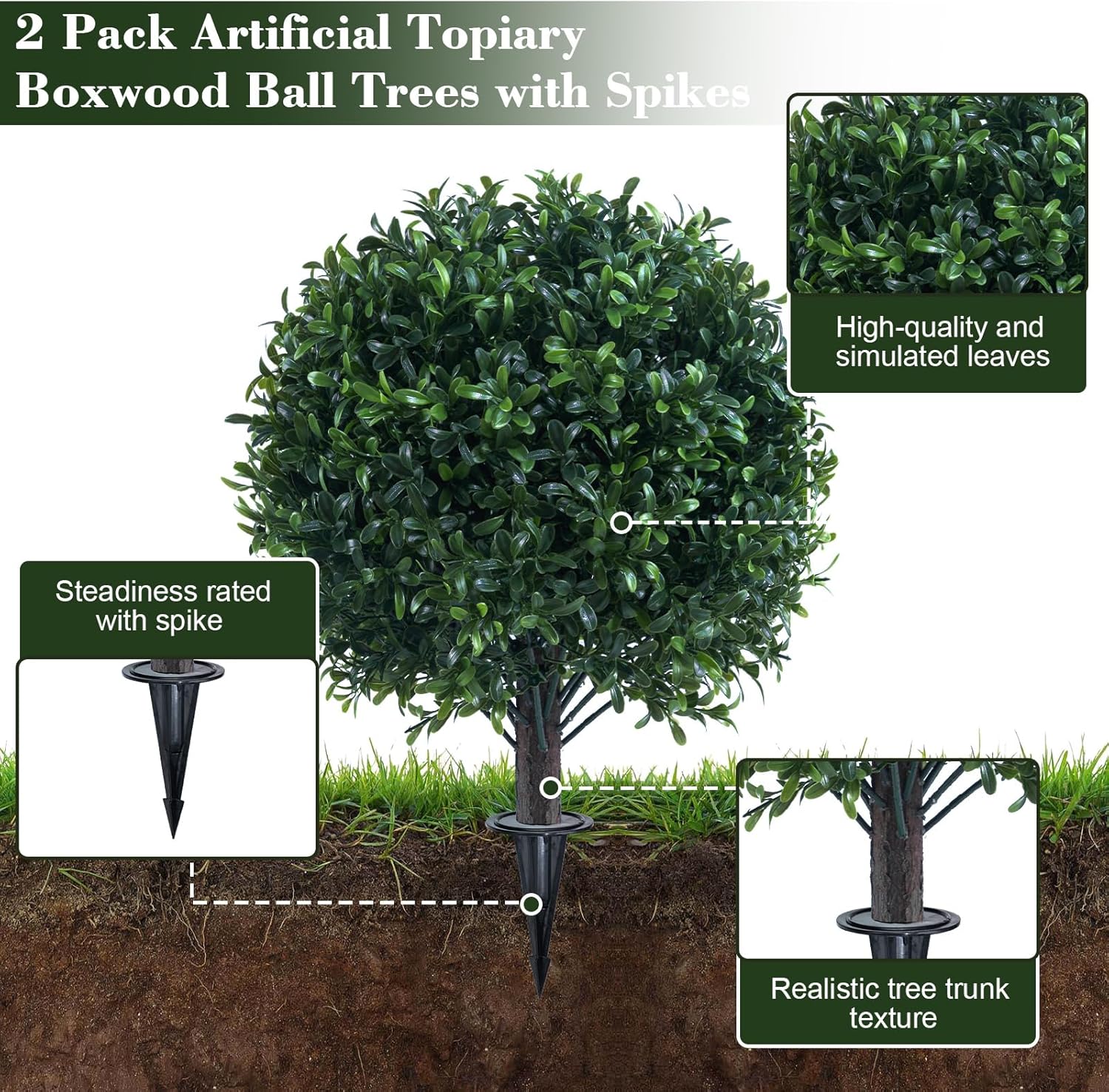 Artificial Boxwood Topiary Ball Bush for Outdoor with Spike, UV Resistant Faux Boxwood Ball Tree