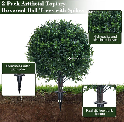 Artificial Boxwood Topiary Ball Bush for Outdoor with Spike, UV Resistant Faux Boxwood Ball Tree