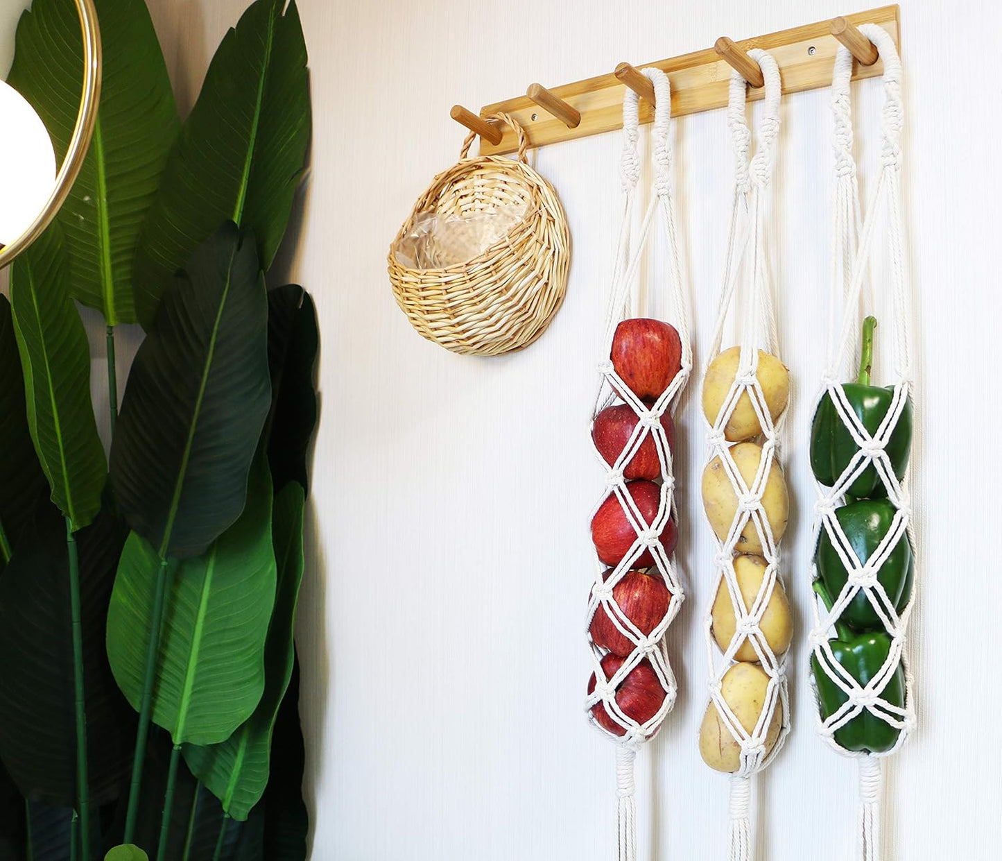 Decocove Hanging Fruit Basket - Boho Basket for Potato, Onion and Fruit Storage - Boho Wall Hanging