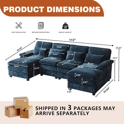 113" Oversized Cloud Couch, U Shape Sectional 4 Seat Sofa with Double Chaises, 2 Layer Cusions