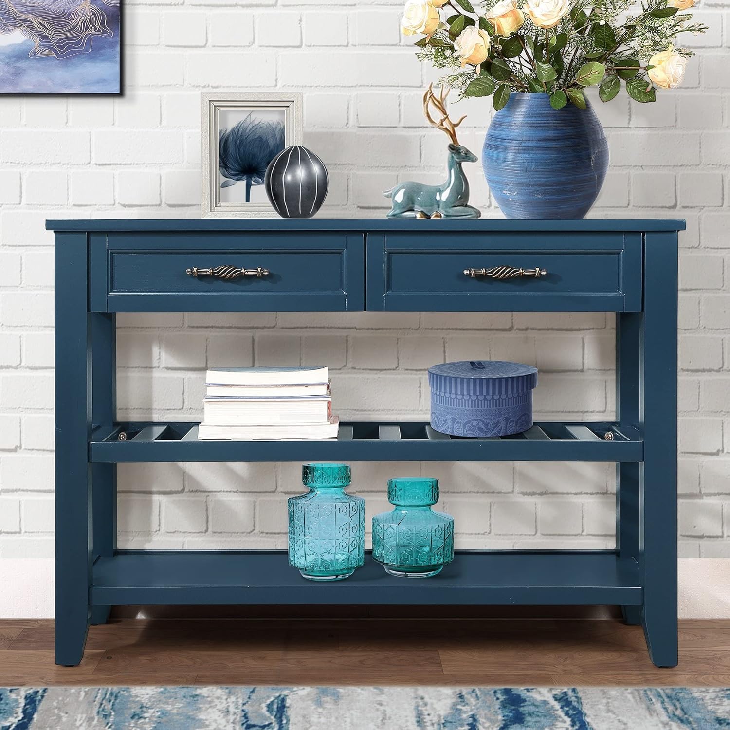 Solid Wood Console Table Entryway Table with Storage Drawers and Shelves Sofa Table for Entry