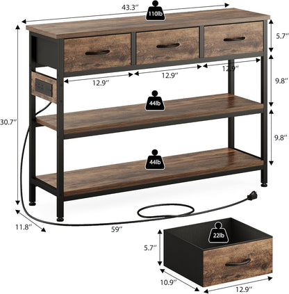 Lulive Entryway Table with Power Outlets, Console Table with 3 Fabric Drawers, Sofa Table for