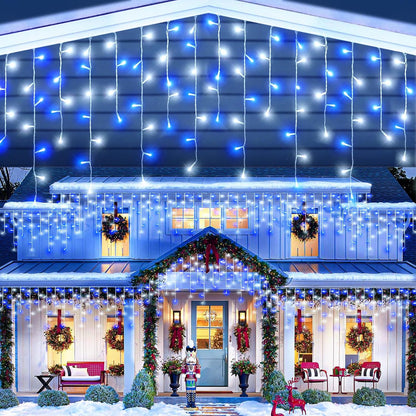 33ft Blue and White Christmas Lights, 400 LED Icicle Lights for Outside, Clear Wire Connectable