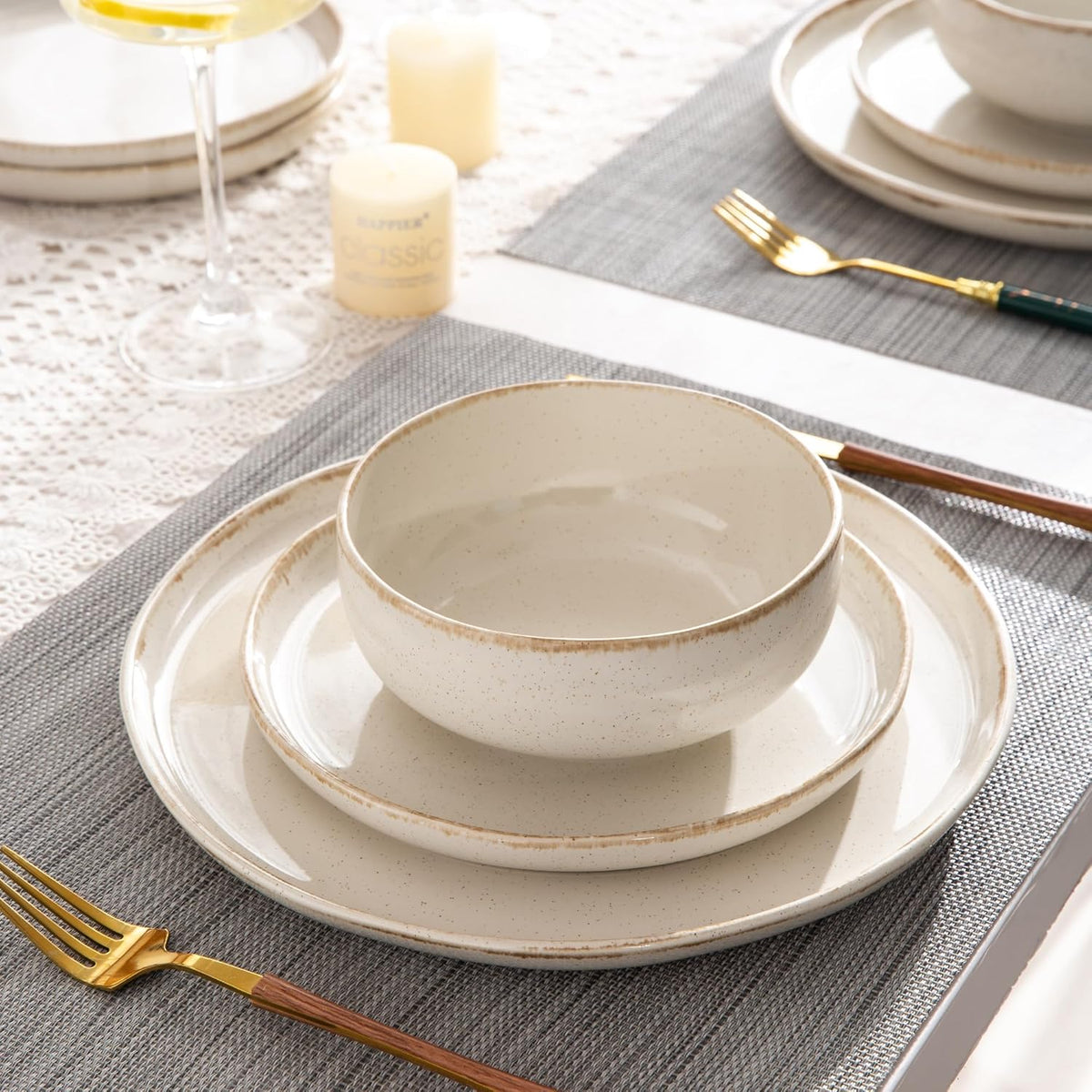 AmorArc Ceramic Dinnerware Sets, Wavy Rim Stoneware Plates and Bowls Sets, Highly Chip and Crack