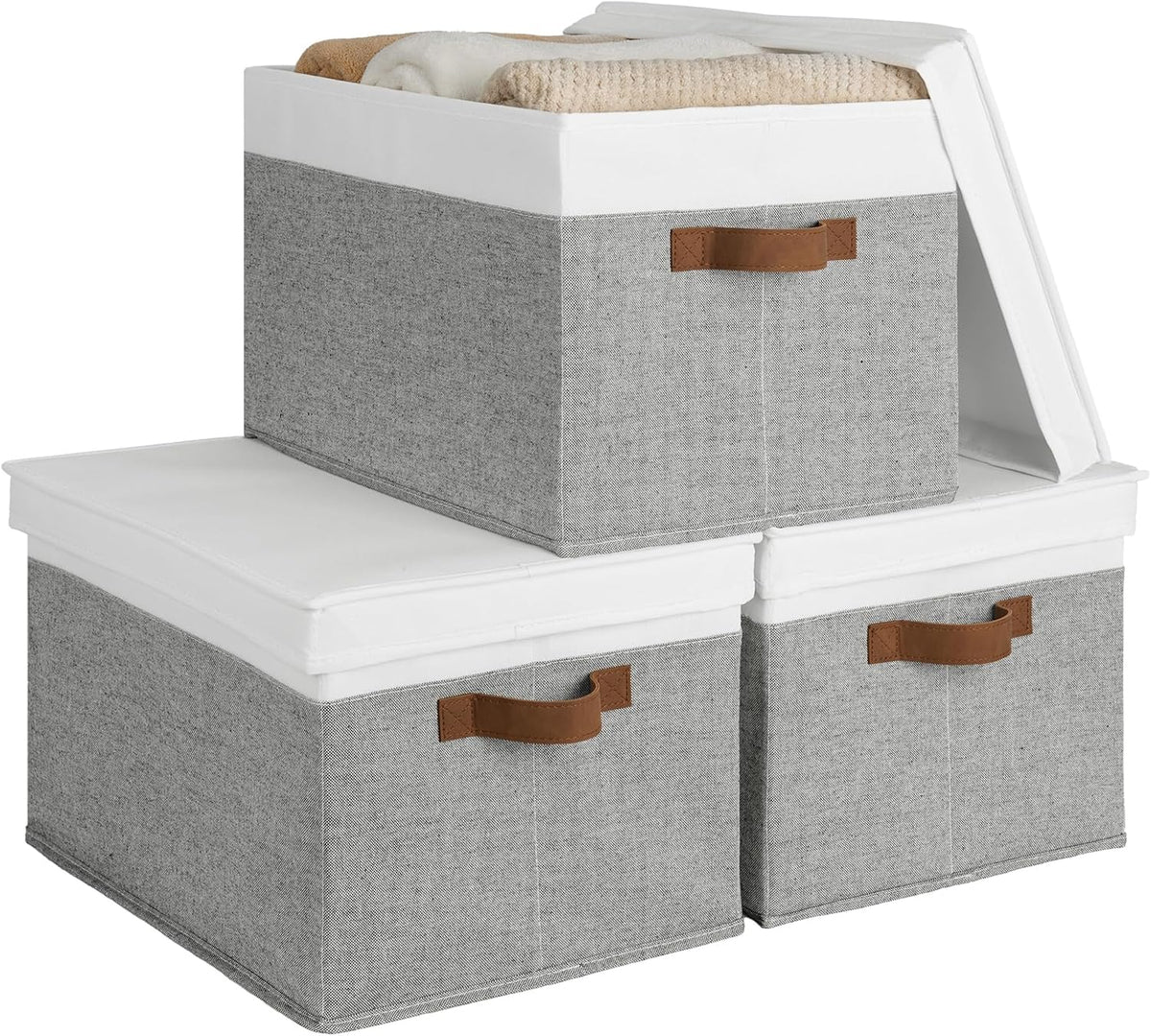 StorageWorks Storage Bins with Lids, Decorative Storage Boxes with Lid and PU Handles, Foldable