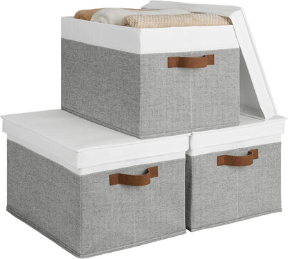 StorageWorks Storage Bins with Lids, Decorative Storage Boxes with Lid and PU Handles, Foldable