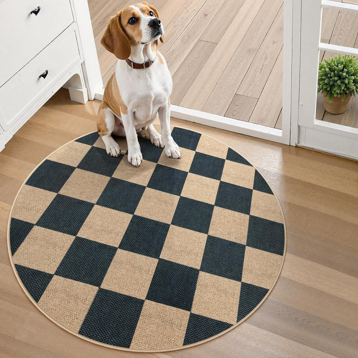 Lahome Checkered Easy Jute Rugs for Entryway, 3 ft Round Rug Small Indoor Outdoor Circle Carpet