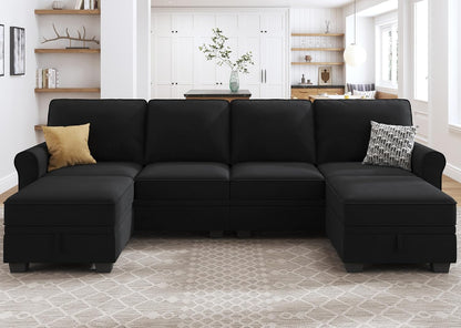 HONBAY Sectional Sofa with Storage Seat Velvet U Shaped Couch with Reversible Chaise Convertible