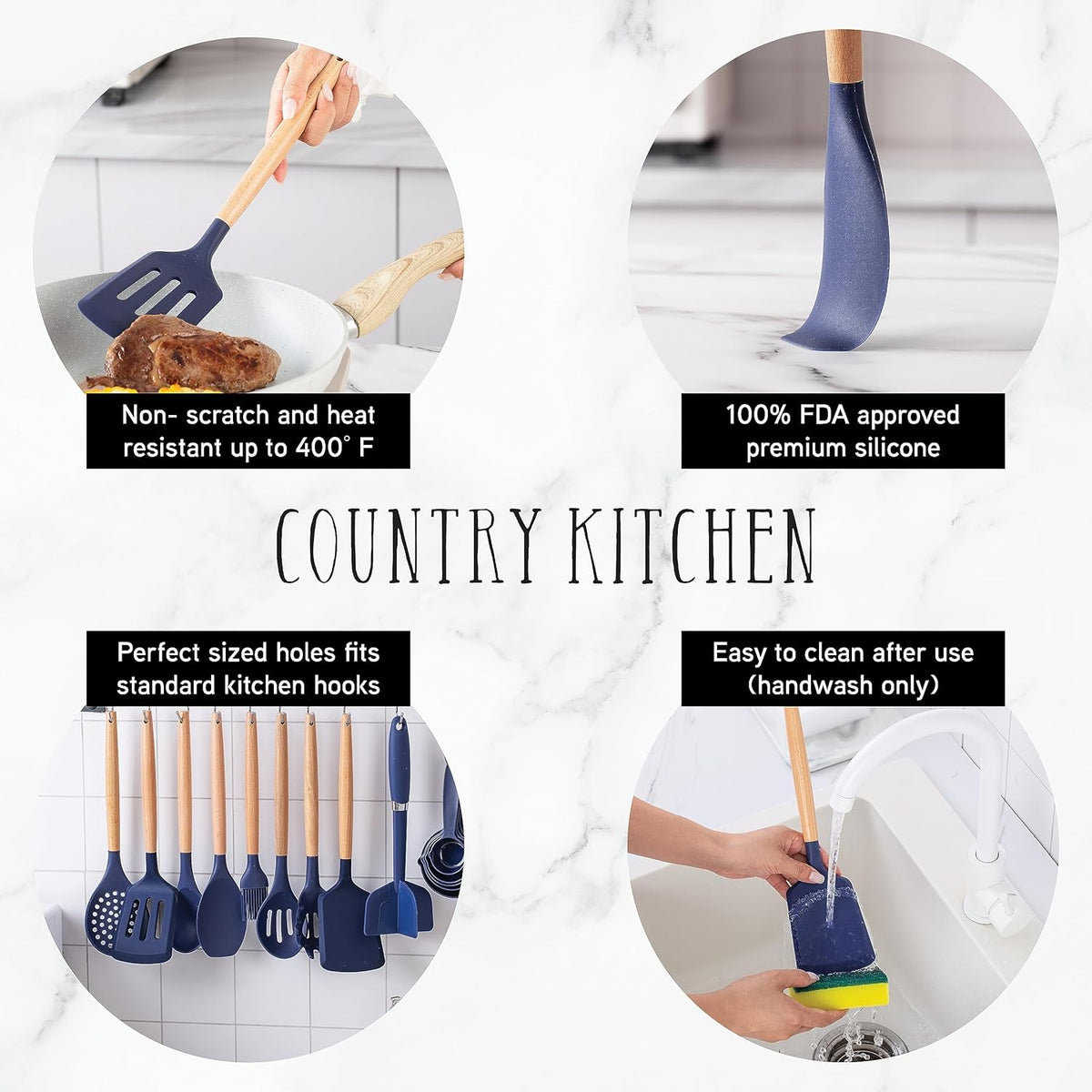 Country Kitchen Non Stick Silicone Utensil Set with Rounded Wood Handles for Cooking and Baking, 38