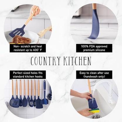Country Kitchen Non Stick Silicone Utensil Set with Rounded Wood Handles for Cooking and Baking, 38