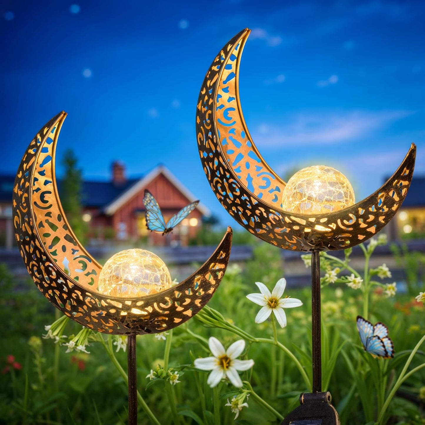 2Pack Moon Garden Solar Lights Outdoor Stakes Waterproof, Gifts for Mom, Crackle Glass Patio