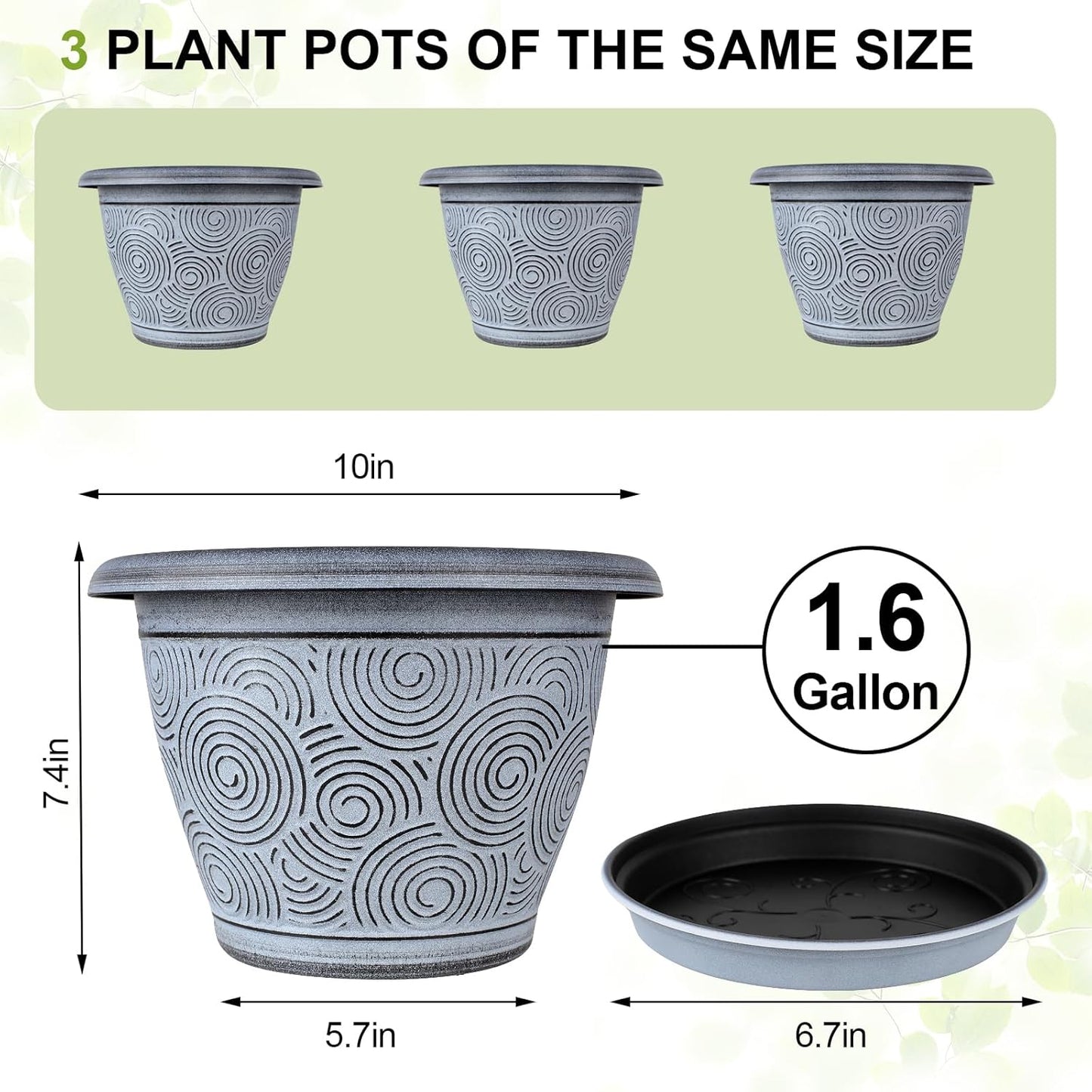 10 Inch Flower Pots Planters for Indoor Outdoor Plants, 3 Pack Plastic Large Plant Pots with
