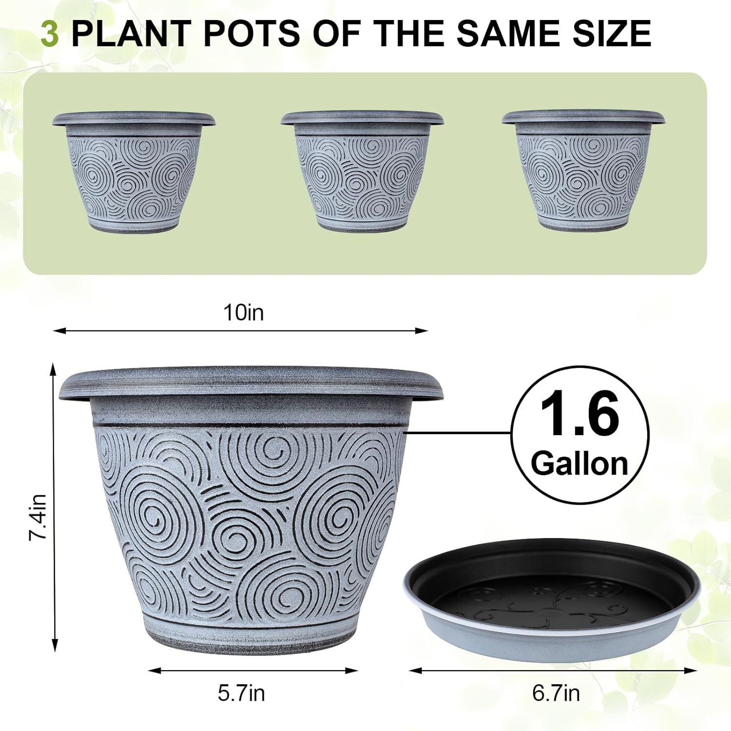 10 Inch Flower Pots Planters for Indoor Outdoor Plants, 3 Pack Plastic Large Plant Pots with