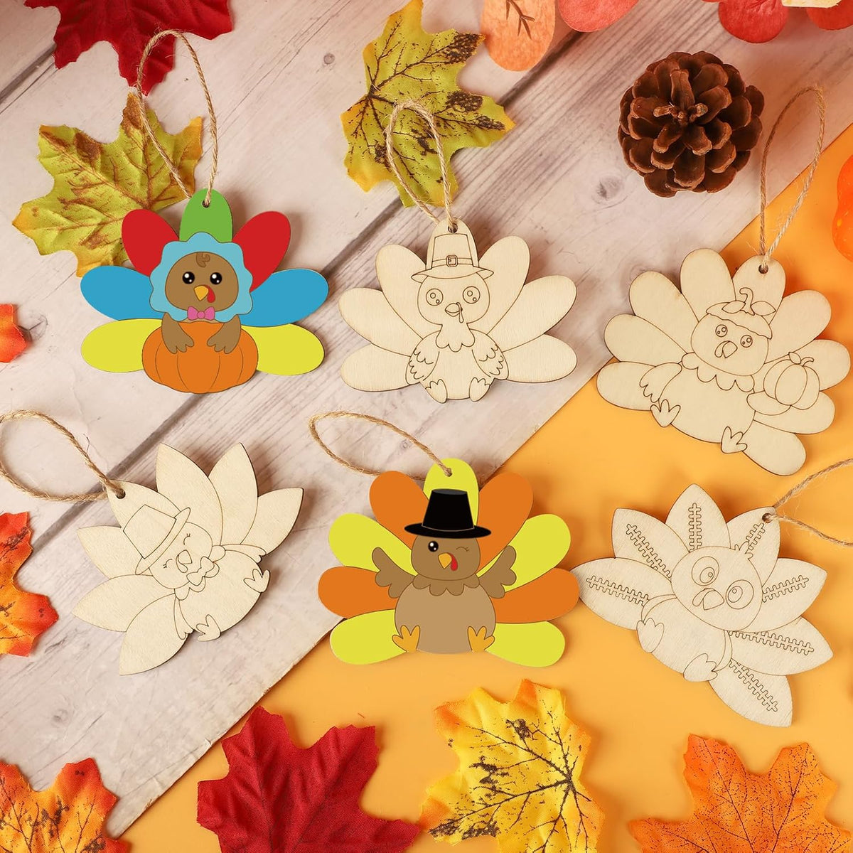 24 PCS Unfinished Wooden Thanksgiving Crafts, Turkey Shaped Hanging Ornaments DIY Wood Craft