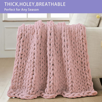 Bigacogo Chunky Knit Throw Blanket for Couch, 40x80 inches, 100% Hand Knitted with Thick Jumbo