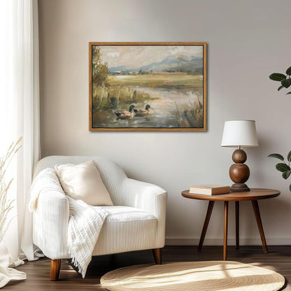 Floating Framed Canvas Wall Art, Vintage Mallard Duck Oil Paintings Print, Countryside Art Wildlife